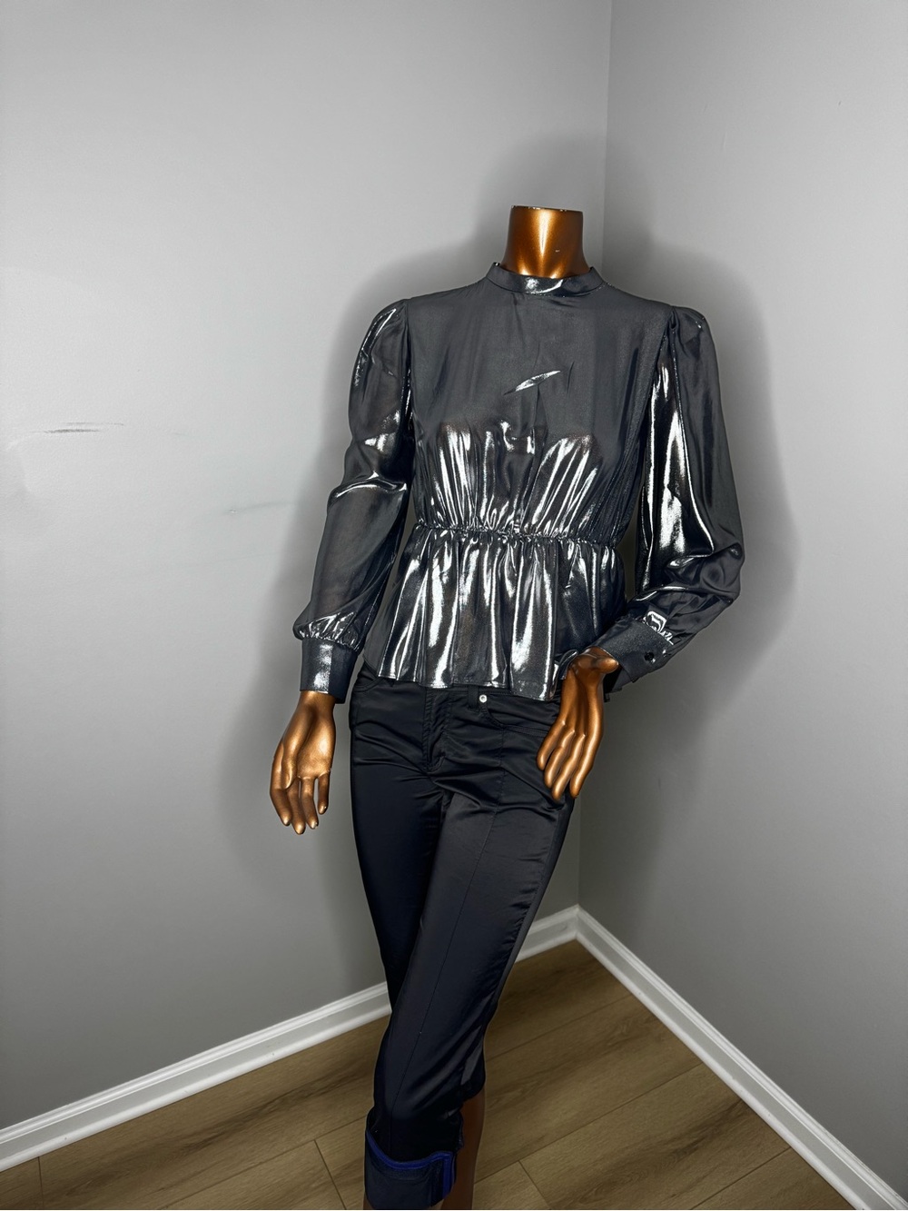 IRO Metallic Pewter Puff-Sleeve Peplum Blouse